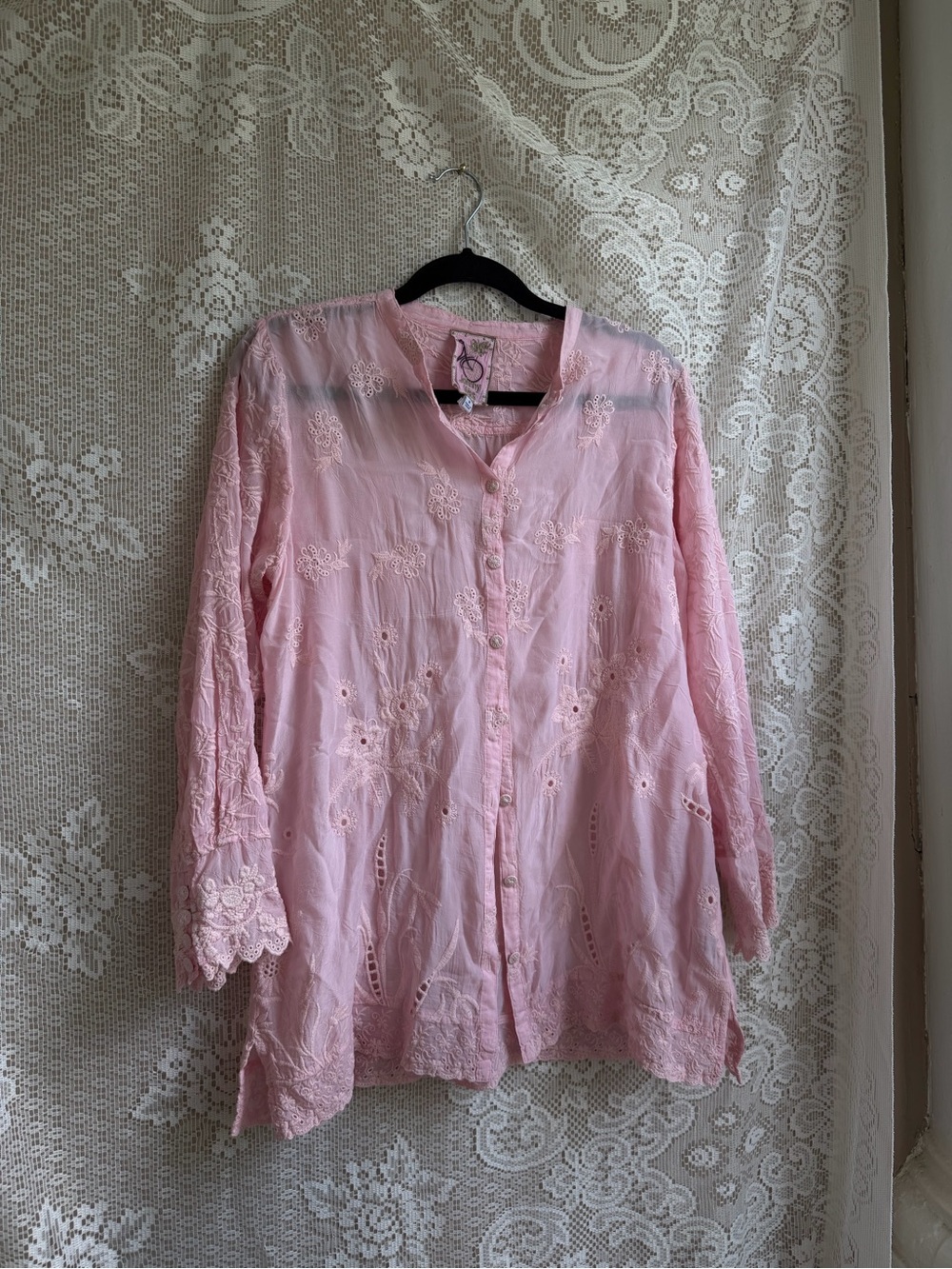 Johnny Was Pink Embroidered Button-Front Tunic